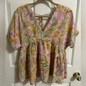 Anthropologie Swirl-Print Peplum Top in Pink, Mustard & Sage